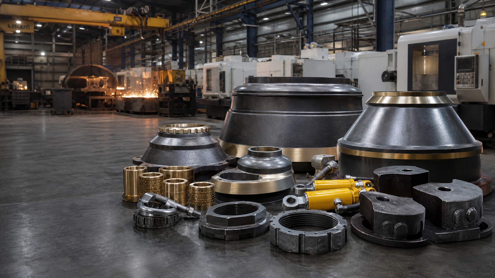 Cone crusher liners, bushings, lock nuts and counterweights on a factory inspection floor
