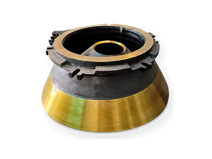 Cone crusher mantle, bowl liner and concave replacement parts on white background
