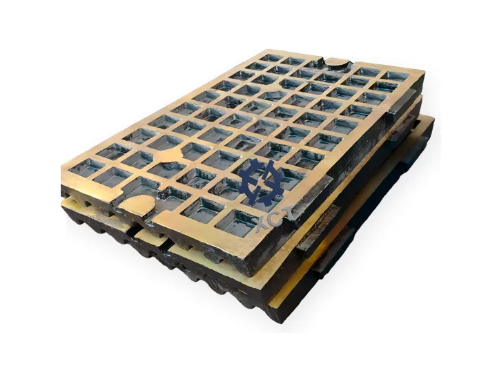 Jaw crusher plates and VSI rotor part replacement products on white background